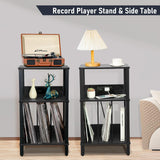 DGSANDGO Record Player Stand with Charging Station, 3 Tier End Table with Vinyl Record Holder, Record Shelf Up to 100 Albums, for Living Room, Bedroom, Office.（Black） DGSANDGO