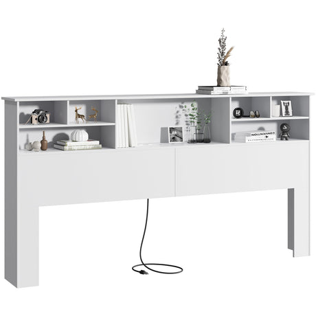 AYEASY King Size Headboard for Bedroom, Stylish Bookcase Headboard with Built-in Charging Station & 2 LED Lights, Engineered Wood Headboard, Noise-Free HeadBoard King Size with Storage, White AYEASY