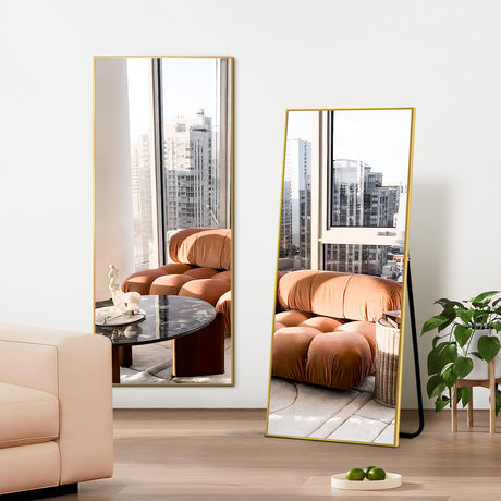 HIGREENA Full Length Mirror, 56"x20" Full Body Mirror, Floor Mirror with Aluminum Alloy Frame, Free Standing Mirror, Mirror Full Length Hanging or Leaning Against Wall, Gold HIGREENA