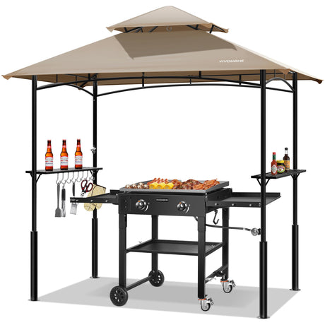 VIVOHOME Grill Gazebo Outdoor BBQ Patio Canopy Tent with Double Tiered Vented Top & 2 Side Shelves, Taupe VIVOHOME