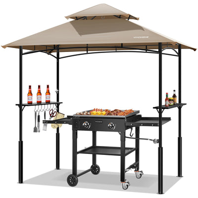 VIVOHOME Grill Gazebo Outdoor BBQ Patio Canopy Tent with Double Tiered Vented Top & 2 Side Shelves, Taupe