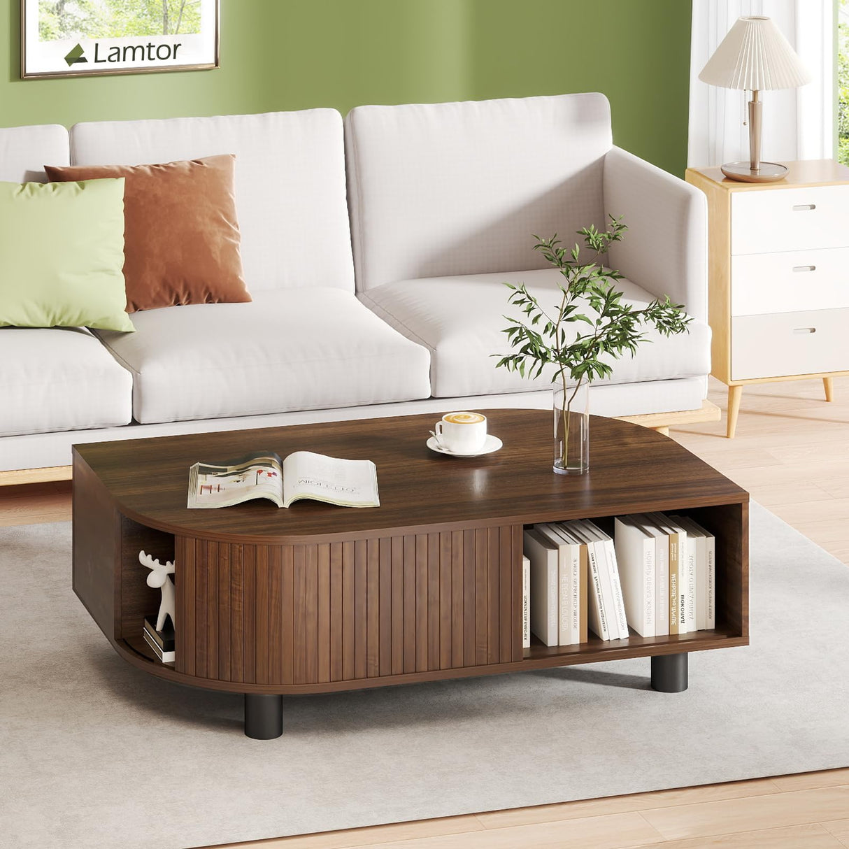 Lamtor Leaf-Shaped Fluted 39.4" Coffee Table with Storage, Mid Century Wooden Center Table, Modern Central Table with Sliding Door & Large Hidden Compartment, for Living Room Home Office, Walnut Lamtor