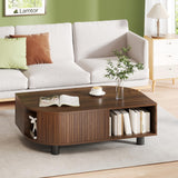 Lamtor Leaf-Shaped Fluted 39.4" Coffee Table with Storage, Mid Century Wooden Center Table, Modern Central Table with Sliding Door & Large Hidden Compartment, for Living Room Home Office, Walnut Lamtor