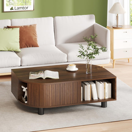 Lamtor Leaf-Shaped Fluted 39.4" Coffee Table with Storage, Mid Century Wooden Center Table, Modern Central Table with Sliding Door & Large Hidden Compartment, for Living Room Home Office, Walnut Lamtor