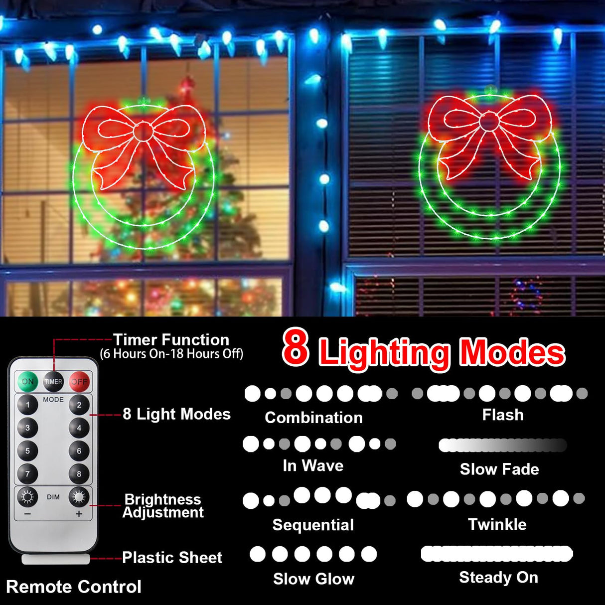 Christmas Wreath Window Lights Decorations, 13.5 IN 82 LED Lighted Christmas Wreath with Bow, Remote Control Timer USB Powered Window Silhouette Lights for Home Door Wall Home Winter Xmas Party Decor CESOF