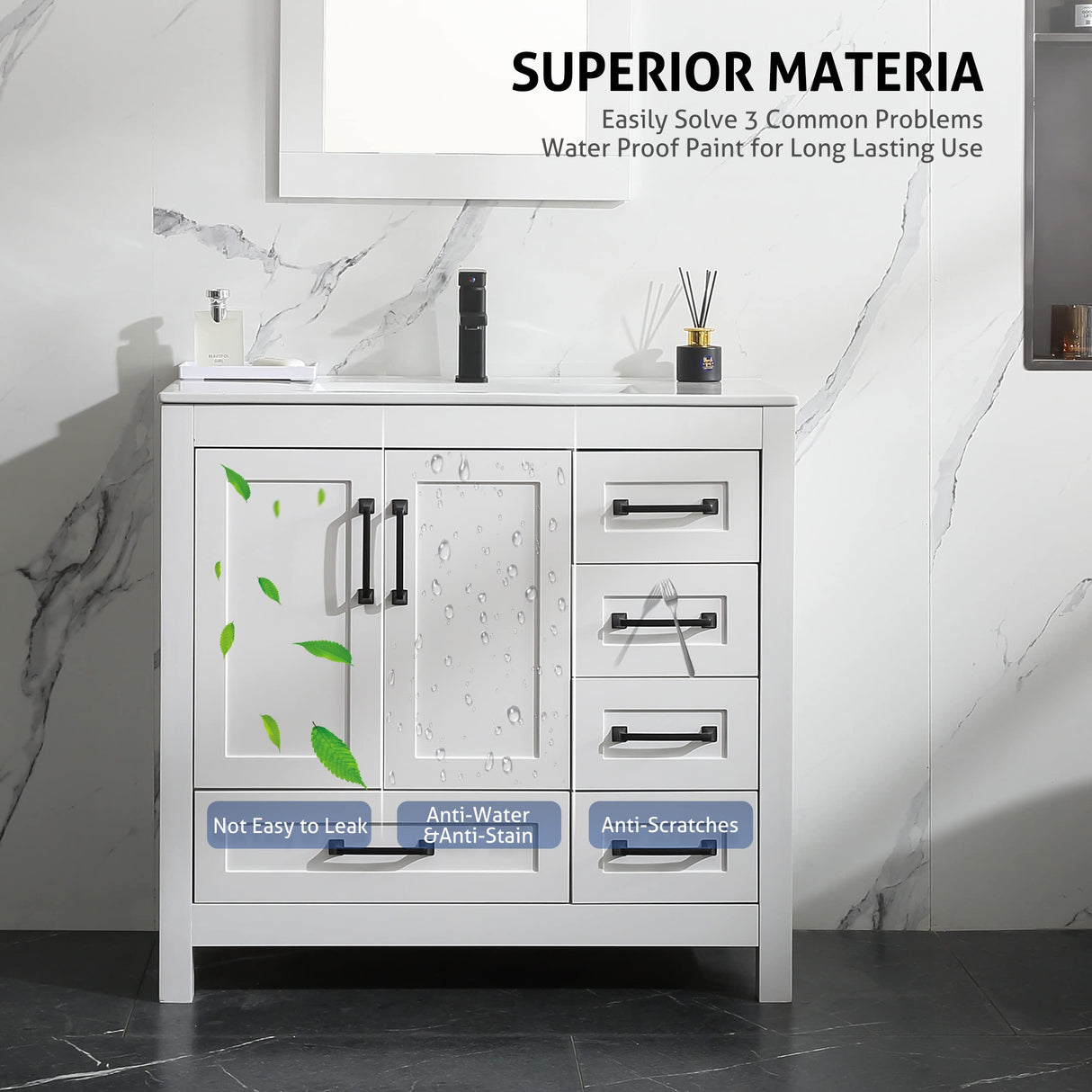 LUCKWIND 36" Bathroom Vanity and Sink Combos, Modern Bathroom Storage Cabinet with Ceramic Sink, Matte Black Faucet and 5 Drawers, Mirror is NOT Included, White LUCKWIND