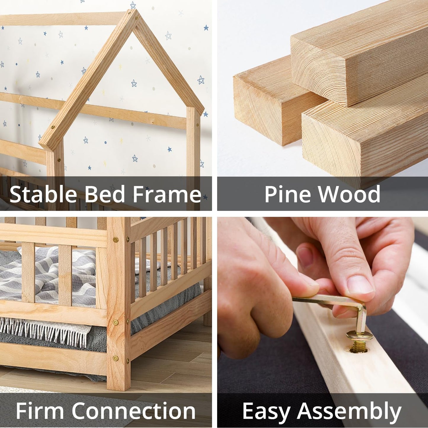 Montessori Twin House Bed Frame with Roof and Fence for Kids, Natural Pine - WoodArtSupply