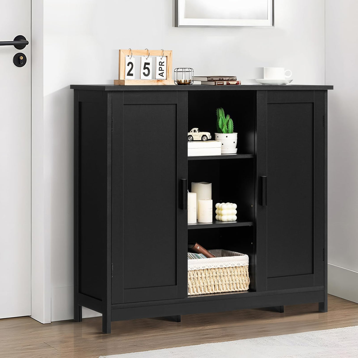 Iwell Storage Cabinet with 2 Doors and 4 Storage Shelves, Bathroom Cabinet, Cupboard for Living Room, Home Office, Entryway, Black Iwell