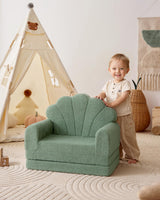 Blissful Diary Kids Couch, 2-in-1 Soft Toddler Couch Fold Out, Toddler Chair Comfy, Convertible Sofa to Lounger with Cute Shell Designs, Green Blissful Diary