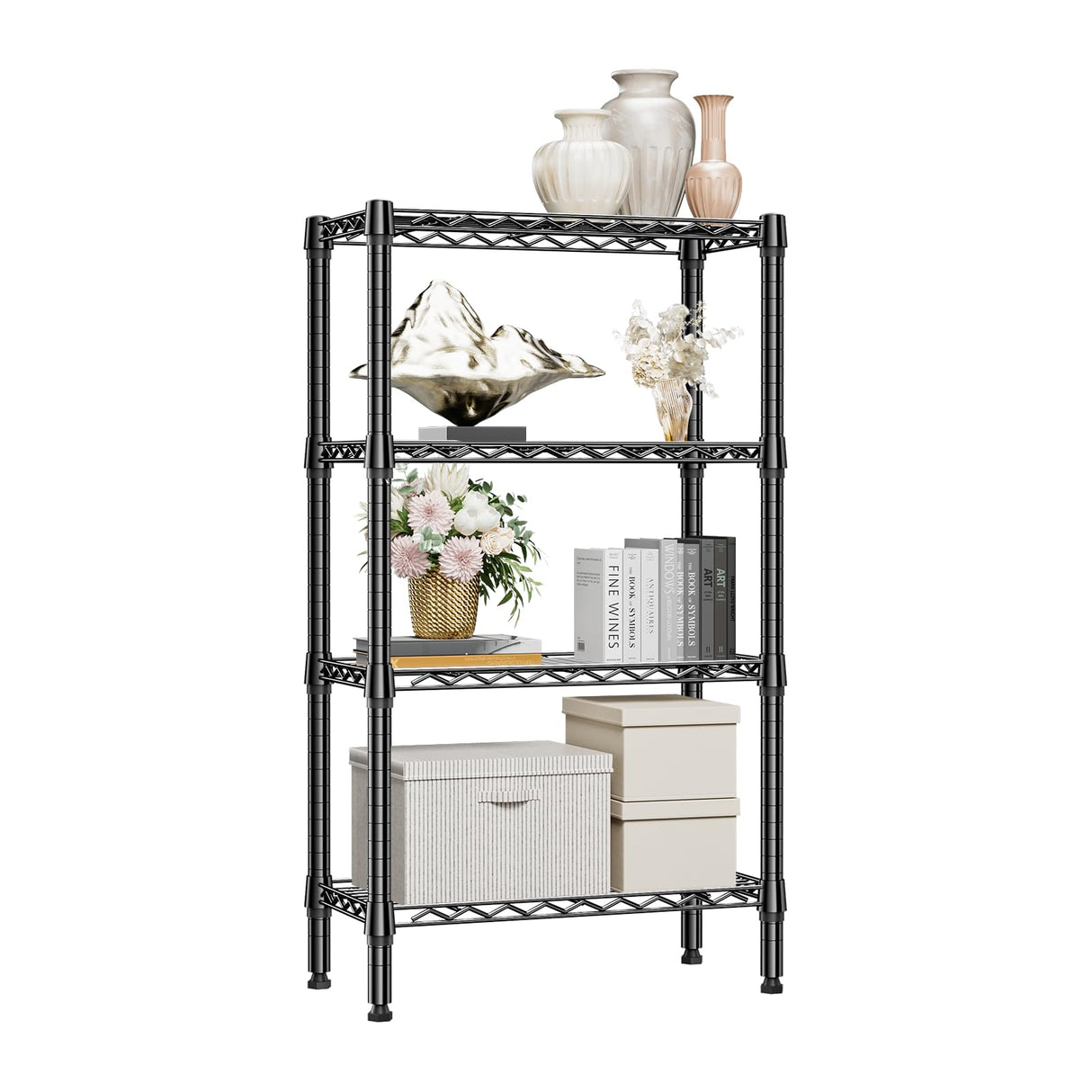 M MZG 1000 lbs 4 Tier Shelf Metal Storage Shelves Wire Rack Closet Organizers for Garage Kitchen Bathroom Laundry Black 11.8" D x 25.6" W x 45.5" H M MZG