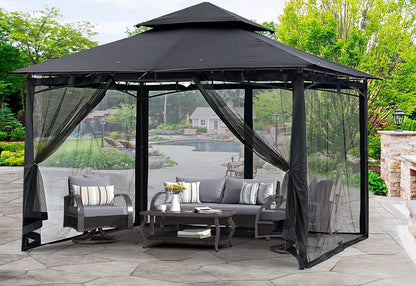 Dhyazqfit Mosquito Net for Outdoor Gazebo Canopy 4-Panel Canopy Screen Wall with Zipper for 10 x 10' Patio Gazebo and Tent (Only Mosquito Net No Frame) 10' x 10' with Double Door (Black)