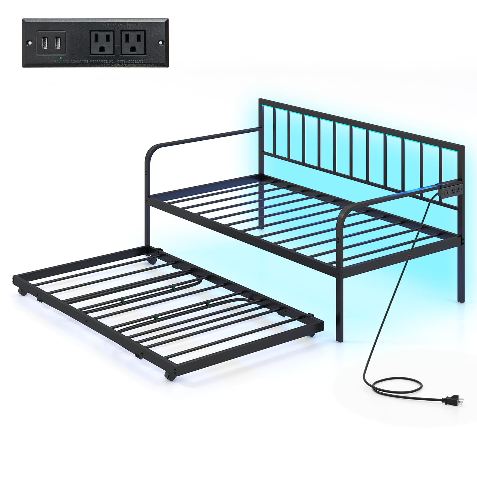 Giantex Black Twin Daybed with Pop-Up Trundle, Charging Station & LED Lights - WoodArtSupply