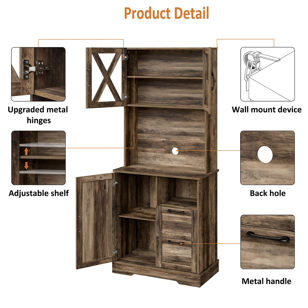 Lomojo Kitchen Storage Cabinet,71" Pantry Cabinet,Coffee Hunth Freestanding Cabinet,Farmhouse Tall Kitchen Cabinet Organizers and Storage with Doors & Adjustable Shelves Rustic Brown Lomojo