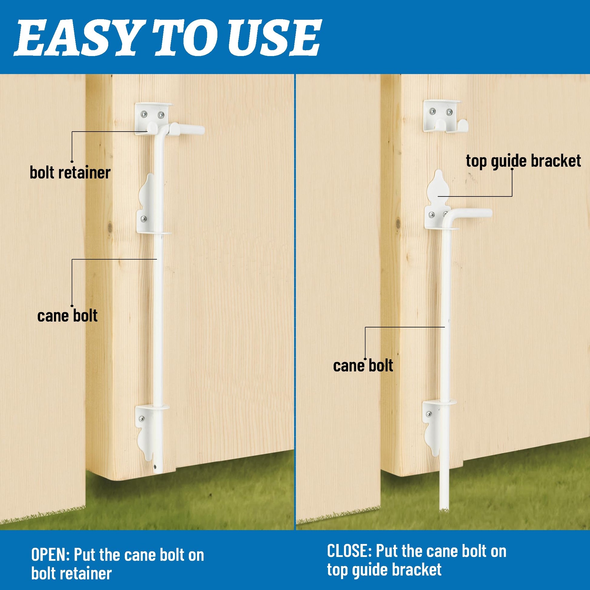 18" Heavy Duty Cane Bolt Gate Drop Rod Hardware Ground Latch for Wood PVC Vinyl Metal Fences Gates, Double Doors, White Solid Steel -2 Pack - WoodArtSupply