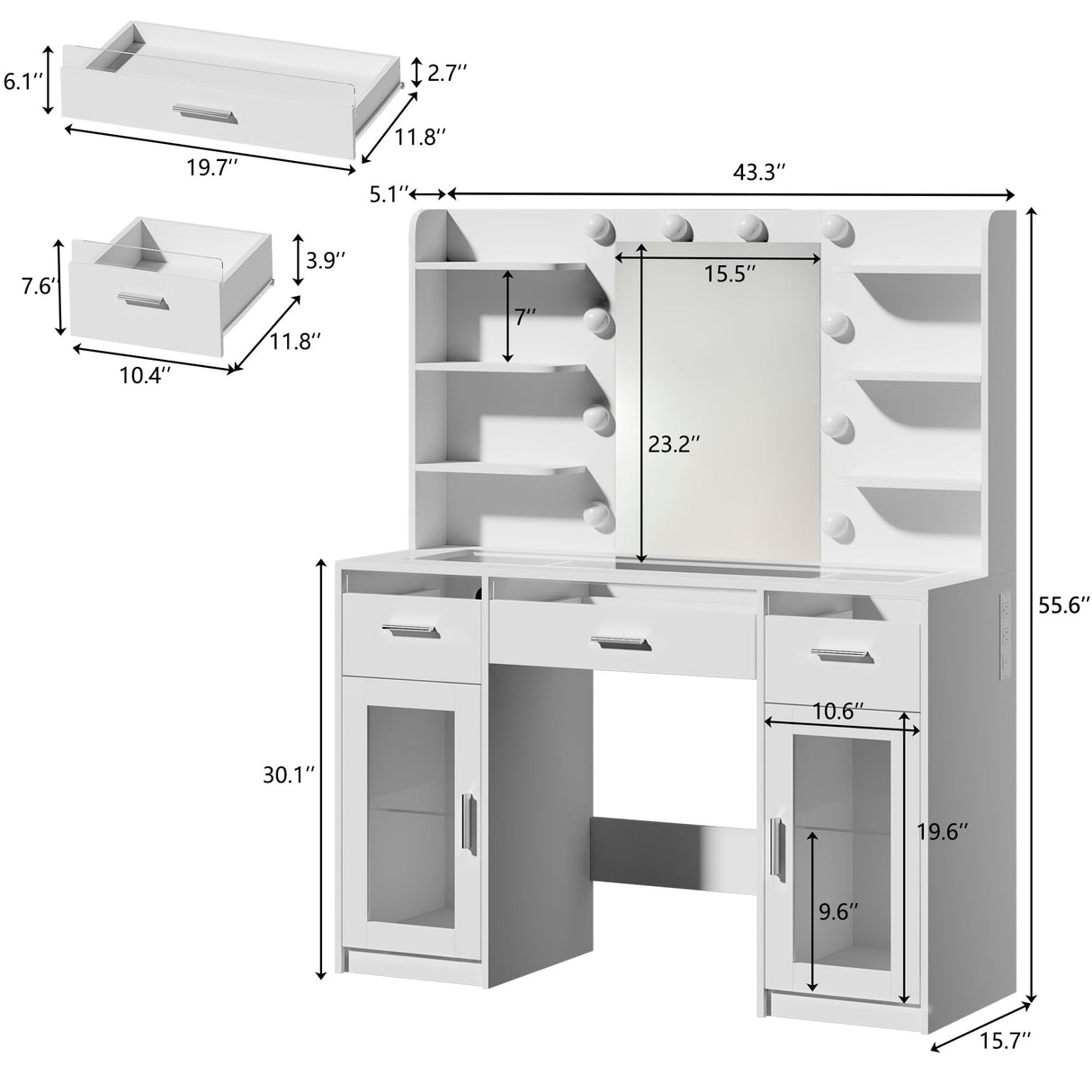 HUAHUUU Vanity Desk, Makeup Vanity Desk with Mirror and Lights 3 Colors, Transparent Top with 3 RGB Drawers, 6 Shelves, 2 Large Tempered Cabinets, Power Outlet, for Bedroom, White HUAHUU