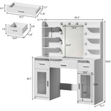 HUAHUUU Vanity Desk, Makeup Vanity Desk with Mirror and Lights 3 Colors, Transparent Top with 3 RGB Drawers, 6 Shelves, 2 Large Tempered Cabinets, Power Outlet, for Bedroom, White HUAHUU