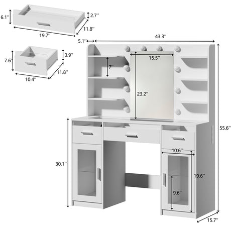 HUAHUUU Vanity Desk, Makeup Vanity Desk with Mirror and Lights 3 Colors, Transparent Top with 3 RGB Drawers, 6 Shelves, 2 Large Tempered Cabinets, Power Outlet, for Bedroom, White HUAHUU