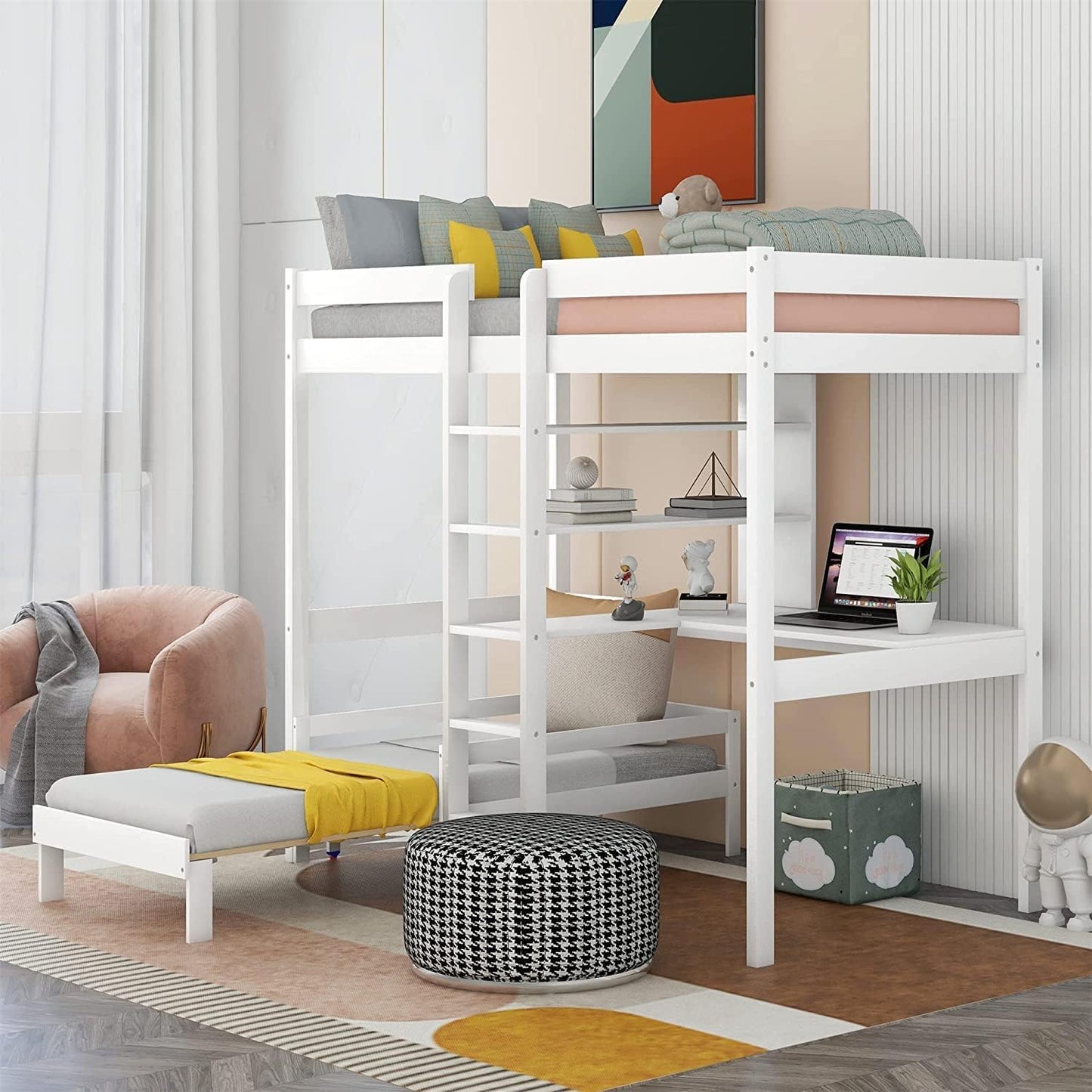 MERITLINE Twin Loft Bed with Versatile Desk and Bookshelf in White - WoodArtSupply