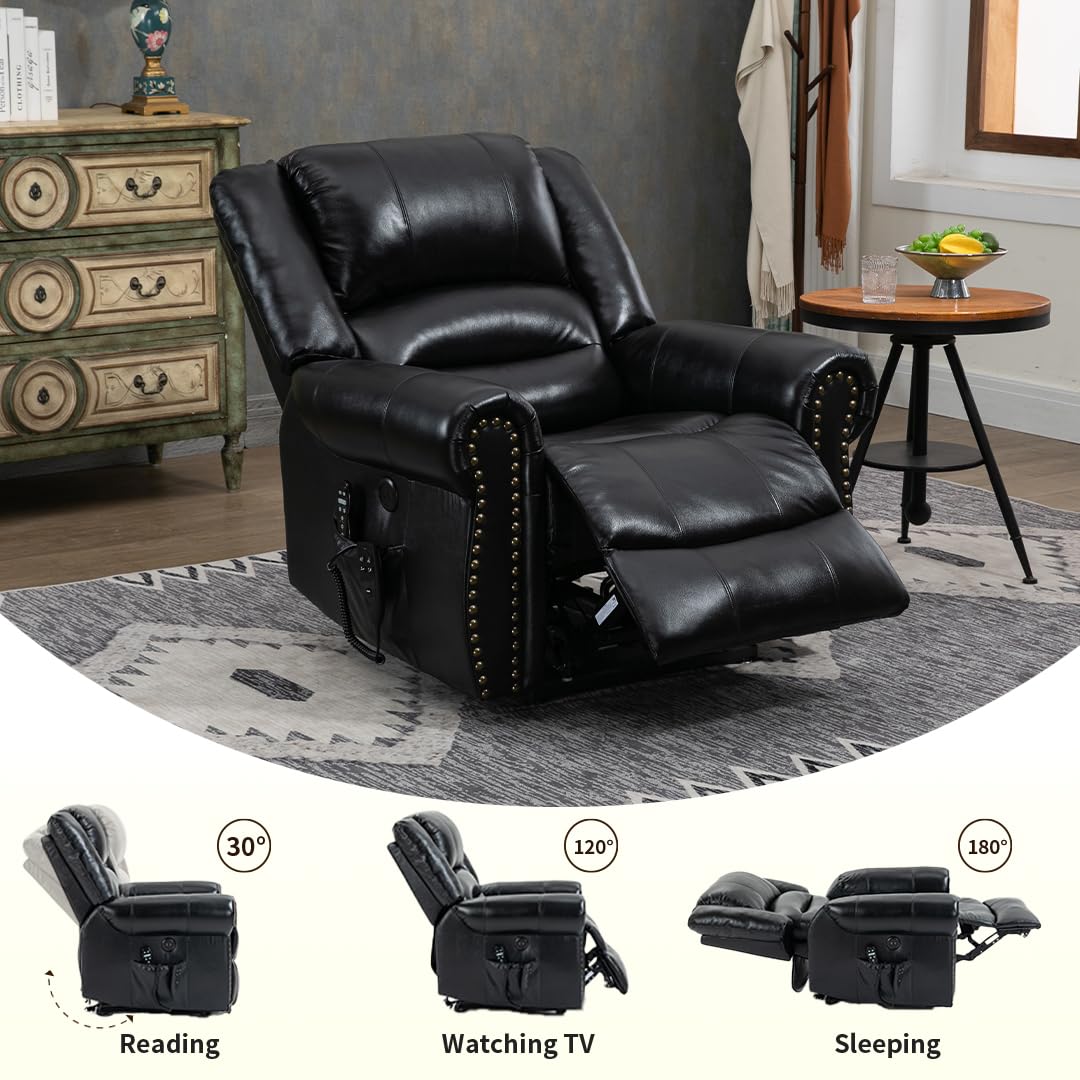 Genuine Leather Power Lift Recliner Elderly Chair, Lay Flat Lift Chairs, Remote Control with Point- Like Distribution Massage/Heating/Adjusting Reclining Model (Black) Luckoney