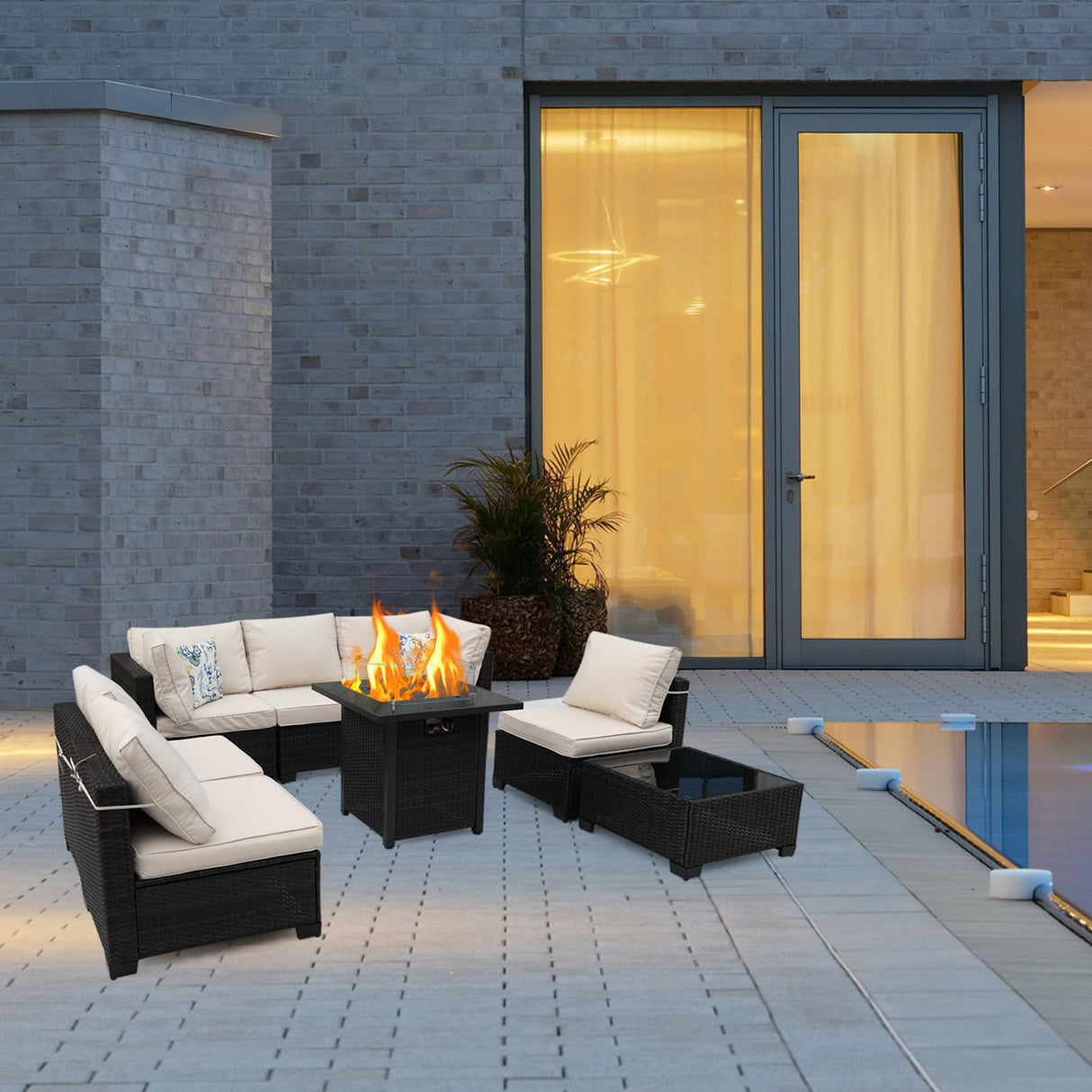 Ophelian 8-Piece Patio Furniture Rattan Wicker Outdoor Set Sectional Sofa with 28" Gas Fire Pit Table and Cushions, Conversation Set for Backyard, Patio, Garden, Brown/Beige Ophelian