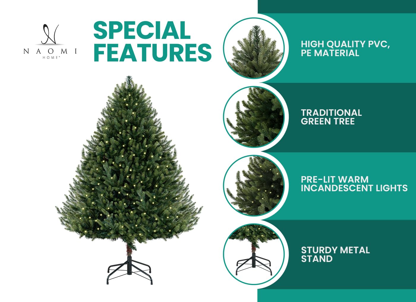 Kinsley 9ft Prelit Aritificial Christmas Tree with 6230 Branch Tips, 1000 Warm Lights and Metal Stand, 68" Wide Realistic Traditional Christmas Tree with Lights by Naomi Home