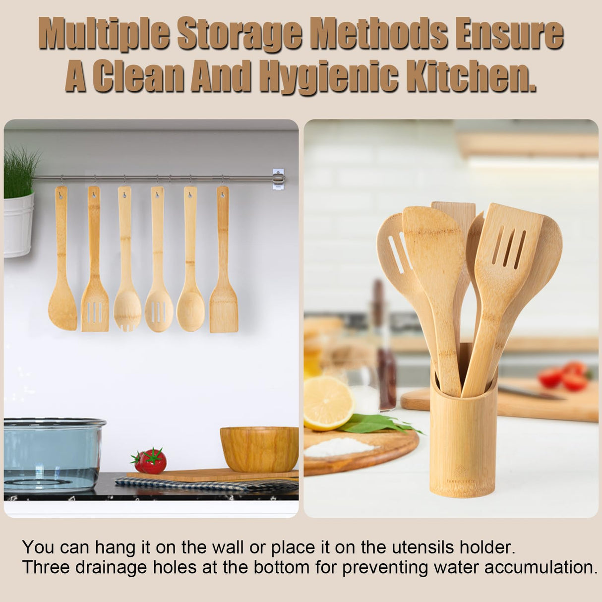 Bamboo Wooden Spoons for Cooking 7 Piece - Bamboo Cooking Utensils Set with Holder Wooden Spoons Spatula for Cooking Nonstick Wood Kitchen Utensil Set (7 Pcs) YIANSOL