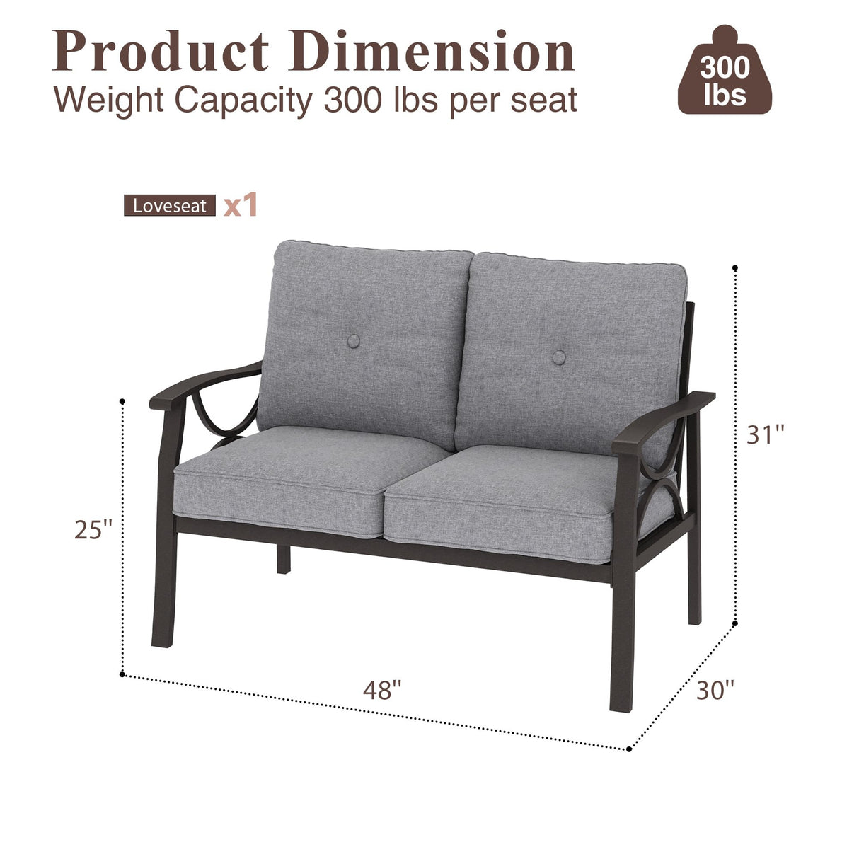 RoyalCraft Patio Loveseat, All-Weather Outdoor 2 Seats Sofa Couch,Khaki Metal Furniture with Gray Cushions RoyalCraft