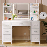 Rolanstar Vanity Desk with Lighted Mirror & Power Outlet, Makeup Vanity with 7 Fabric Drawers, 6 Storage Shelves & 3 Lighting Modes, Dressing Table for Bedroom, Girls, Women, White Rolanstar