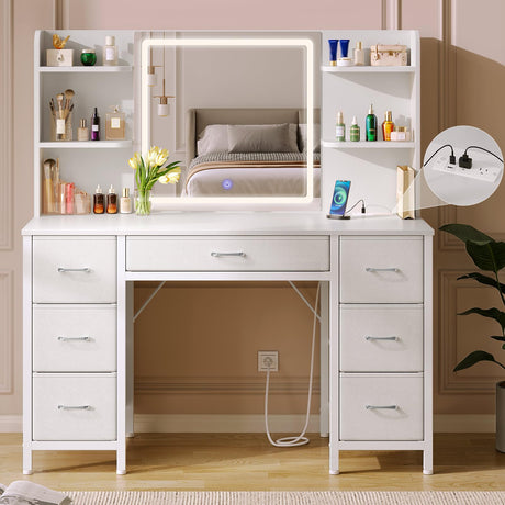 Rolanstar Vanity Desk with Lighted Mirror & Power Outlet, Makeup Vanity with 7 Fabric Drawers, 6 Storage Shelves & 3 Lighting Modes, Dressing Table for Bedroom, Girls, Women, White Rolanstar
