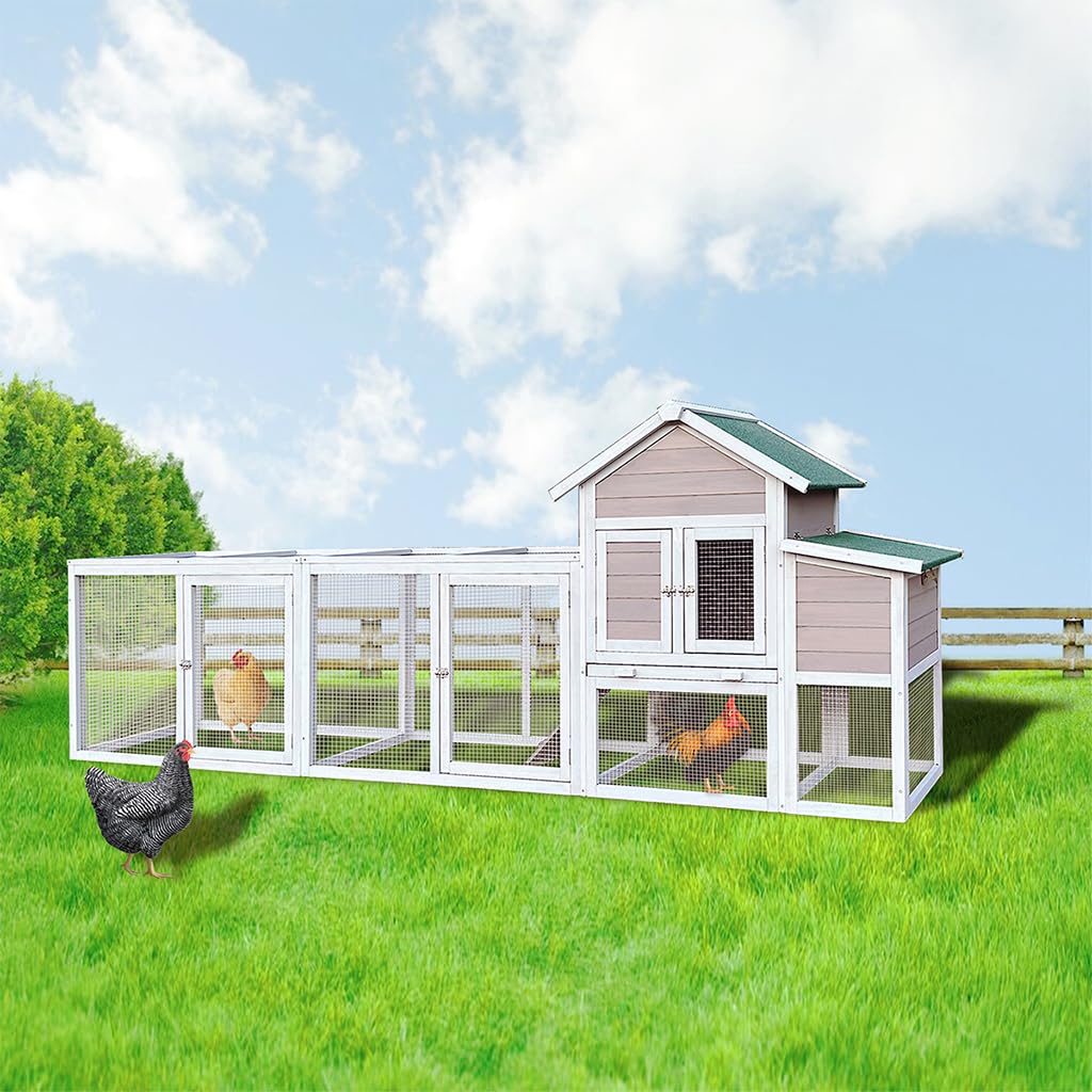 122in Chicken Coop Large Outdoor Solid Wood Rabbit Hutch Poultry House with Run, Nesting Box & Leakproof Pull-on Tray, Weatherproof Chicken Run Cage Hen House for Small Animals Rabbit Duck