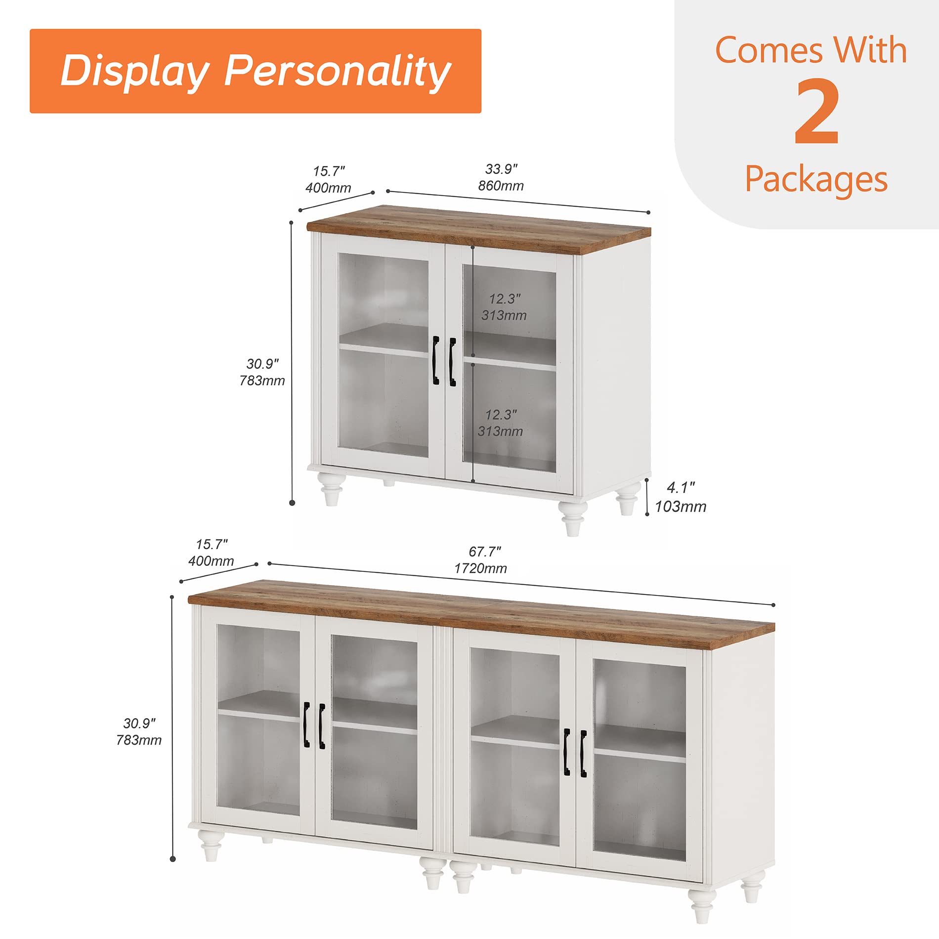 WAMPAT Sideboard Buffet Cabinet, Modern Wood Glass Buffet Sideboard with Storage, Accent Console Table Credenza with Doors for Kitchen, Dinning Room, Living Room, Hallway, White 68 inch - WoodArtSupply