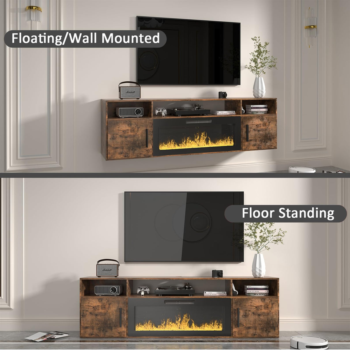 VENDORZ Floating TV Stand with Fireplace, 70" Floating Entertainment Center with 36" Fireplace, Wall Mounted Electric Fireplace TV Stand for Living Room Media Console with Storage Up to 80" TVs, Brown VENDORZ