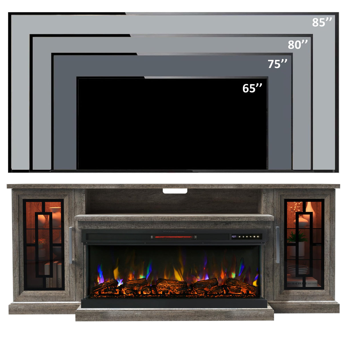 Unineo 75 Inch Electric Fireplace TV Stand, 3- Side Glass LED Modern Media Entertainment Center Console Table for TVs up to 80/85 Inch w/Adjustable Flame, 40’’ Fireplace, Highboy, Gray Wash Unineo