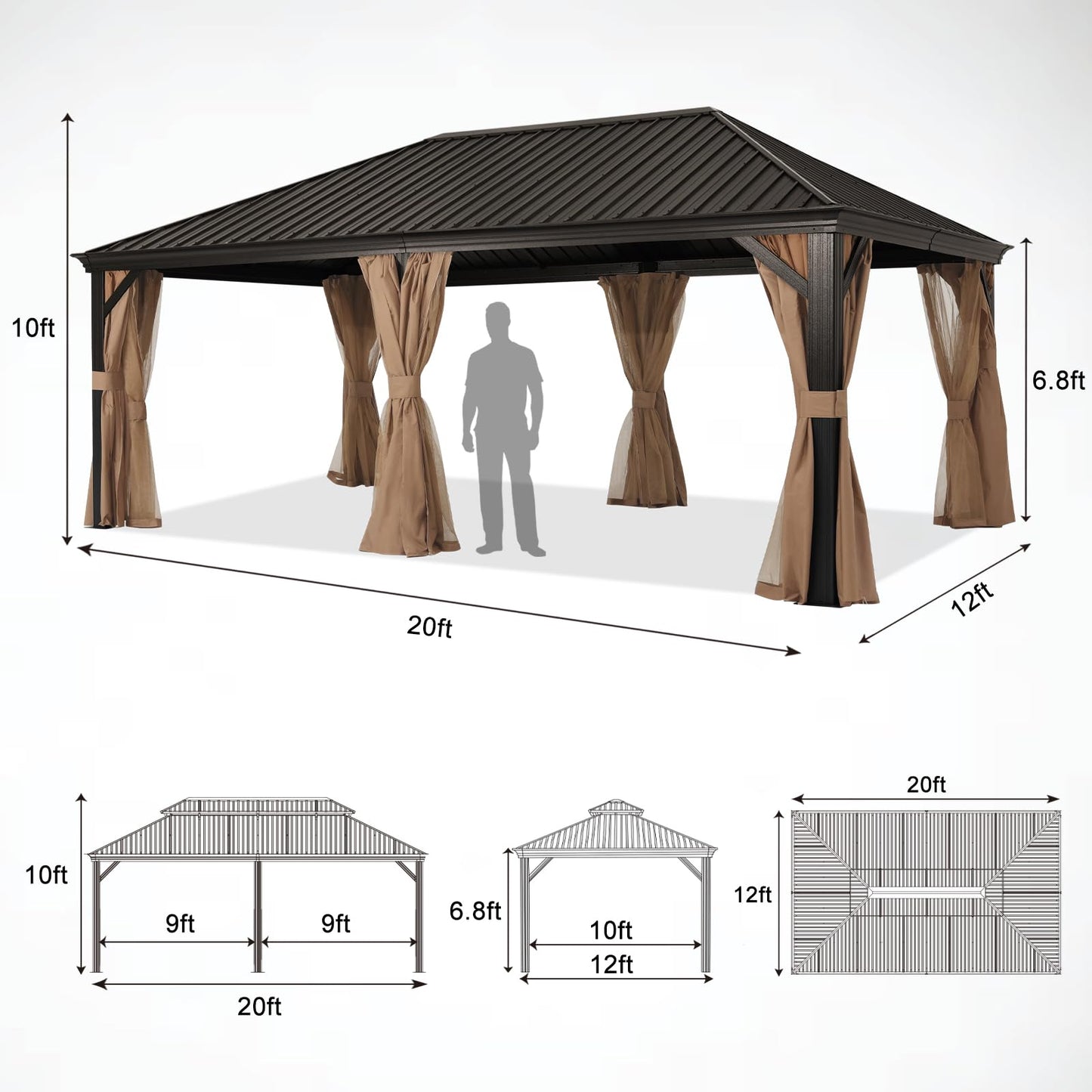 ABCCANOPY Hardtop Gazebo 12x20 - Outdoor Metal Hard Top Gazebo, Permanent Galvanized Steel Aluminum Framed Pavilion with Netting and Curtain for Patio Backyard Lawn Garden (Single Roof, Khaki)