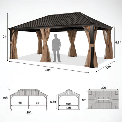 ABCCANOPY Hardtop Gazebo 12x20 - Outdoor Metal Hard Top Gazebo, Permanent Galvanized Steel Aluminum Framed Pavilion with Netting and Curtain for Patio Backyard Lawn Garden (Single Roof, Khaki)