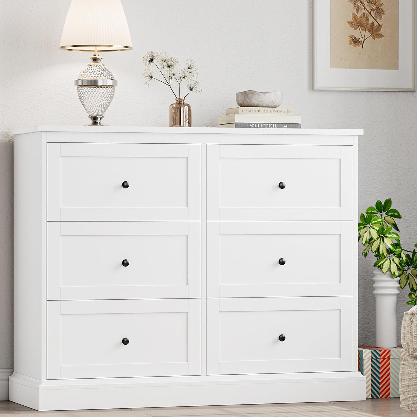 FOTOSOK White Dresser, 6 Drawer Dresser White, Modern Double Chest with Deep Drawers, Wide Storage Organizer Cabinet for Living Room Home