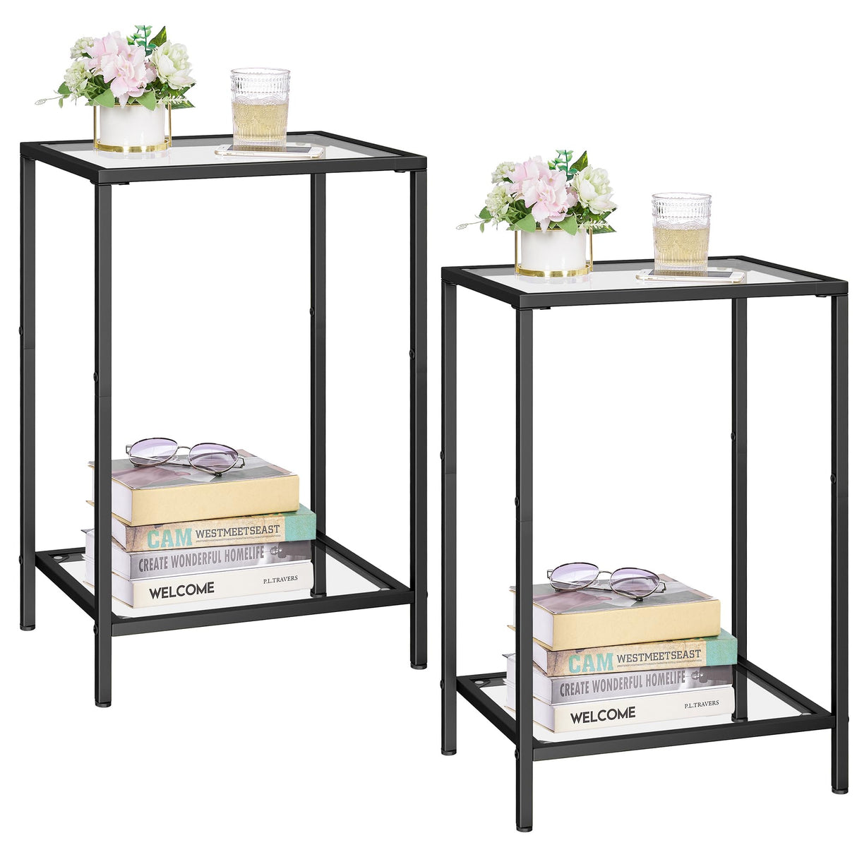 HOMSHO Side Tables Set of 2, End Tables with Tempered Glass, 2-Tier Nightstands with Storage Shelves, Slim Sofa Tables for Living Room, Bedroom, Modern Style, 11.8" D x 15" W, Black HOMSHO