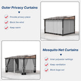 Gotland 10FTx24FT Outdoor Wall-Mounted Hardtop Pergola, Metal Frame Gazebo with Sloping Sun Panel Roof and Double Curtains for Patio, Garden, Lawn, Grey Gotland