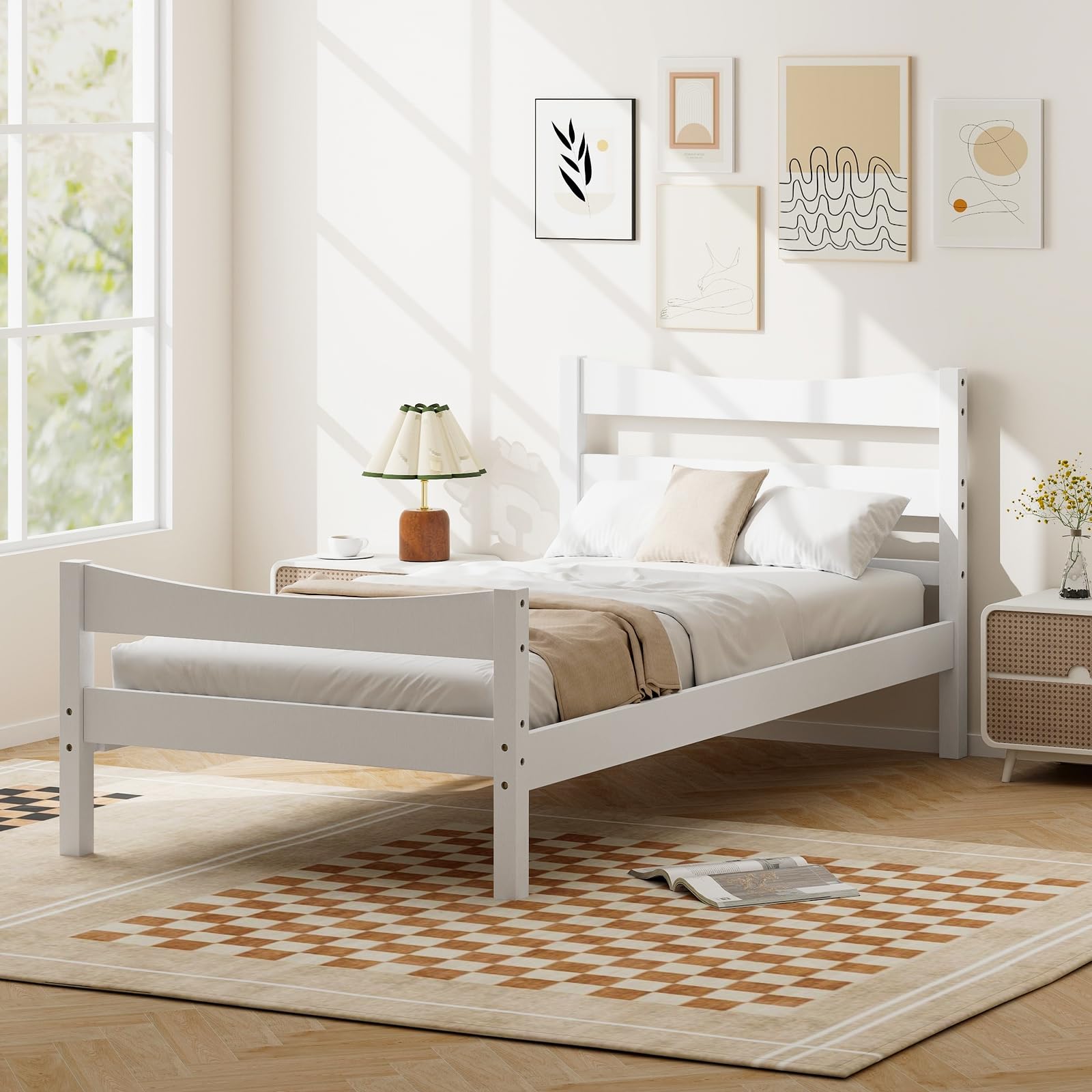 Giantex Modern White Twin Bed Frame with Headboard, Footboard, and Solid Wood Slat Support - WoodArtSupply