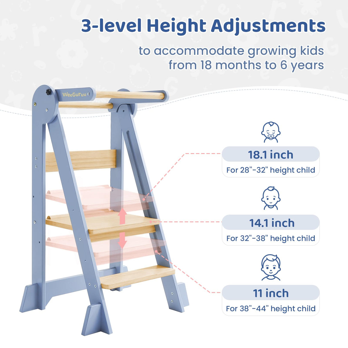 WeeGuruu Foldable Kitchen Tower, Height Adjustable Standing Tower for Toddlers Learning New Skills, Wooden Kids Kitchen Stool Helper with Safety Rails- Ages 18 Months to 6 Years WeeGuruu