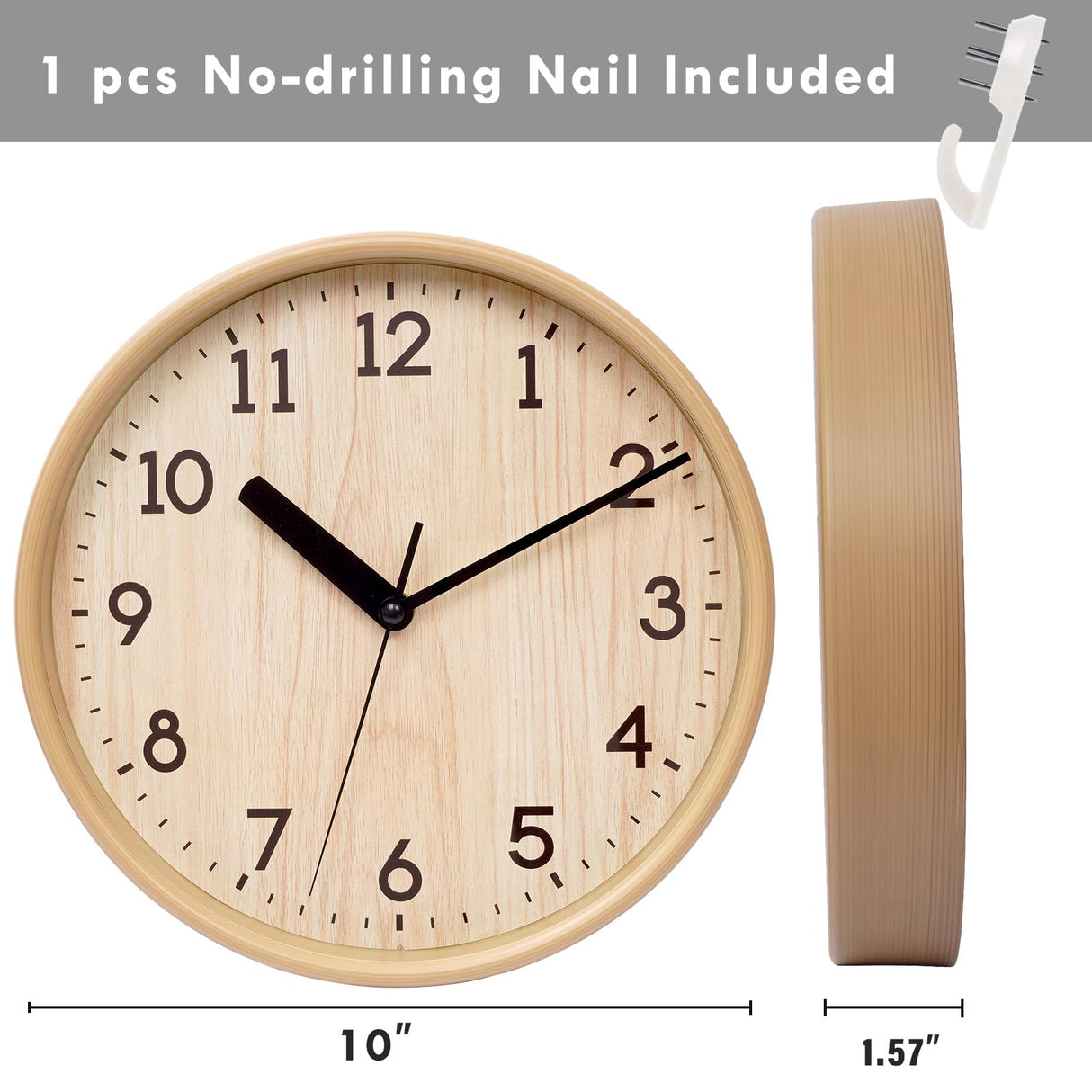 Hiopeak 10 Inch Wall Clock Silent, Non-Ticking Decorative Rustic Analog Quartz Wall Clock Battery Operated for Bedroom Living Room Kitchen Farmhouse Office School (Graining) Hiopeak