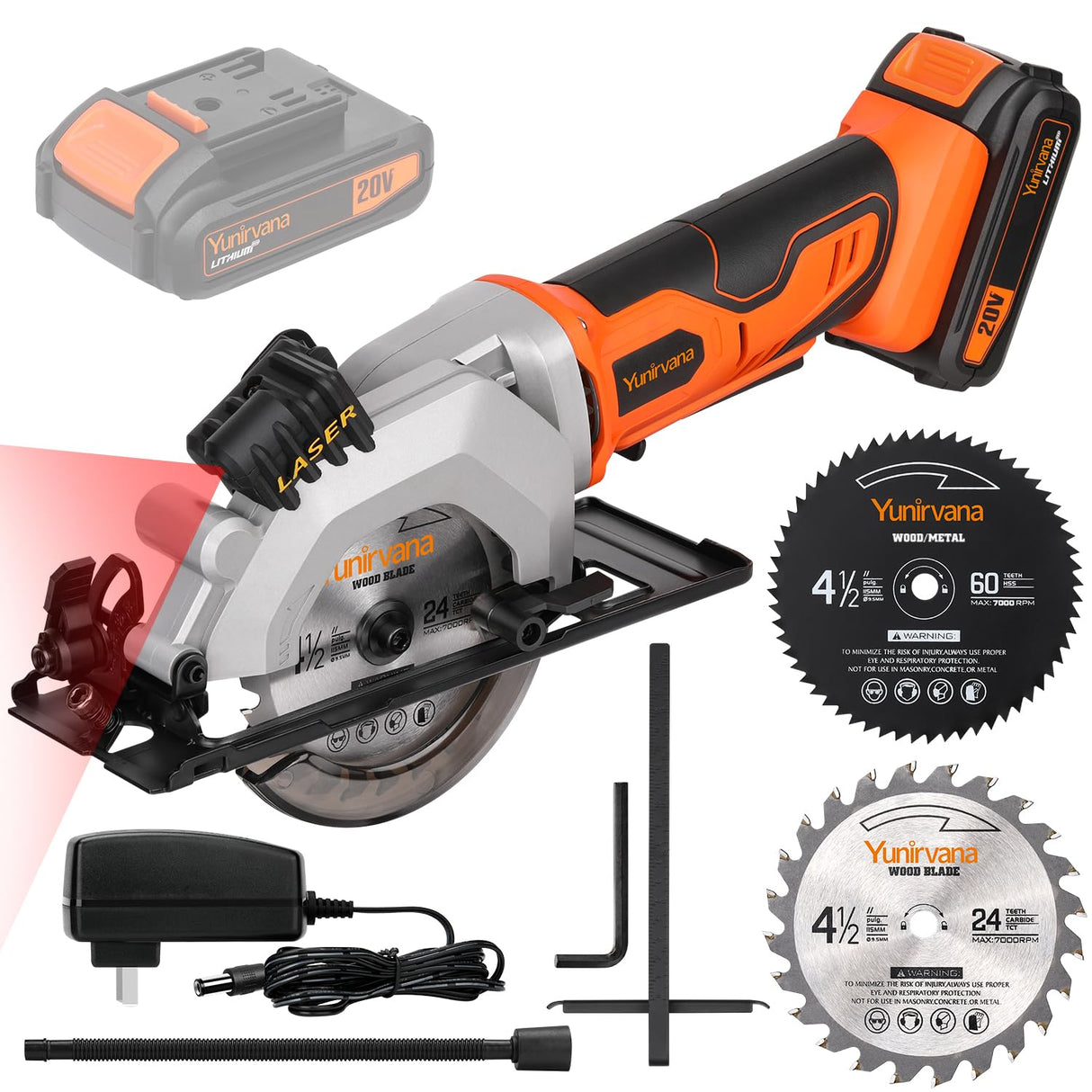 Yunirvana Mini Circular Saw, 20V 3400RPM Professional Cordless Circular Saw, Adjustable Angle and Depth,Max Cutting Depth 1-2/3"(90°), 1-1/8"(45°), Laser Guide, Rip Guide Yunirvana