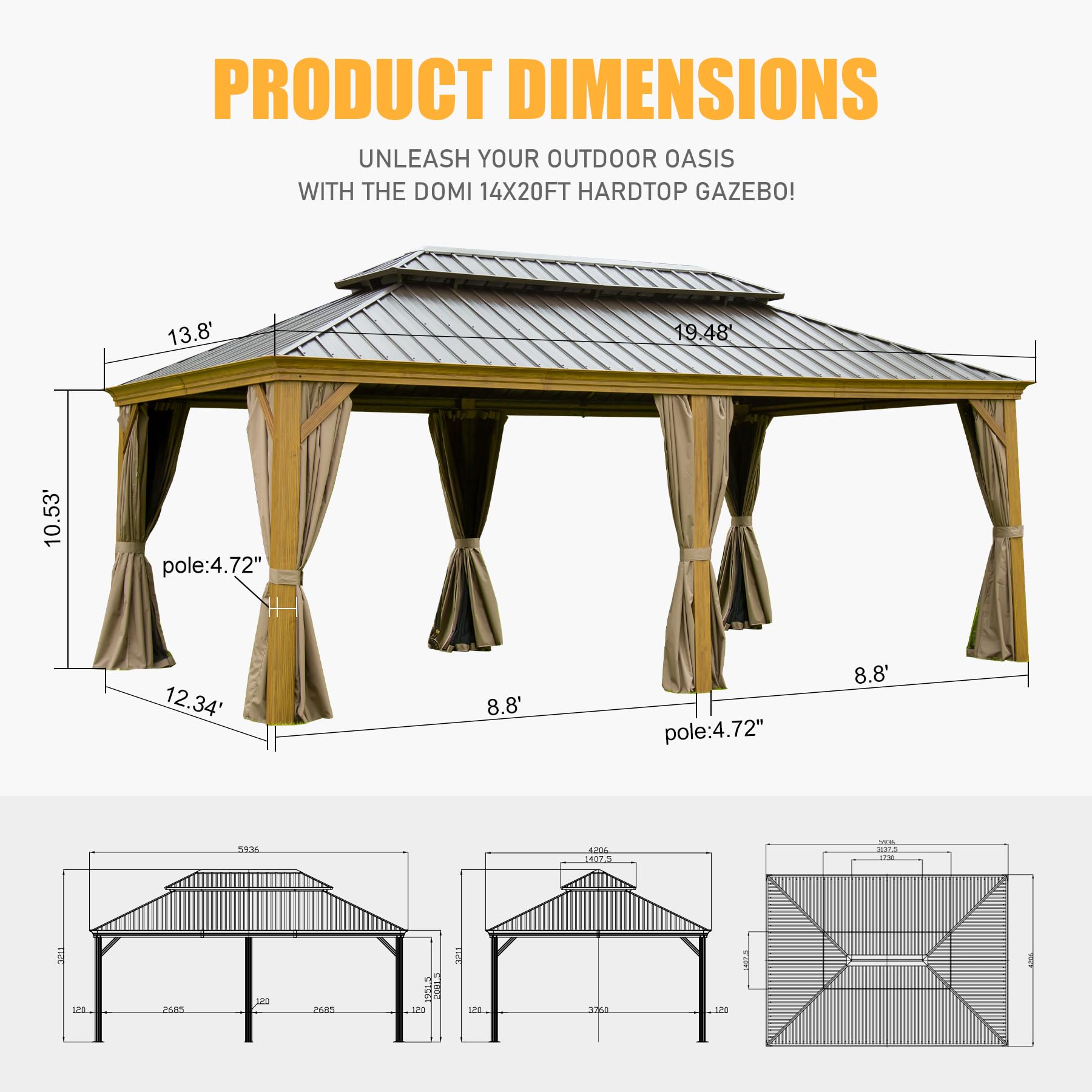 Domi Outdoor Living 14x20FT Hardtop Gazebo, Permanent Metal Gazebo with Galvanized Steel Double Roof and Aluminum Frame, Curtain and Netting, Large - WoodArtSupply