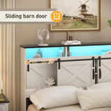 Maupvit Full Size Farmhouse Bed Frame with 4 Drawers and Sliding Barn Door, Storage Shelves, LED Light and Charging Station Metal Platform Bed Frame No Box Spring Needed, White Maupvit