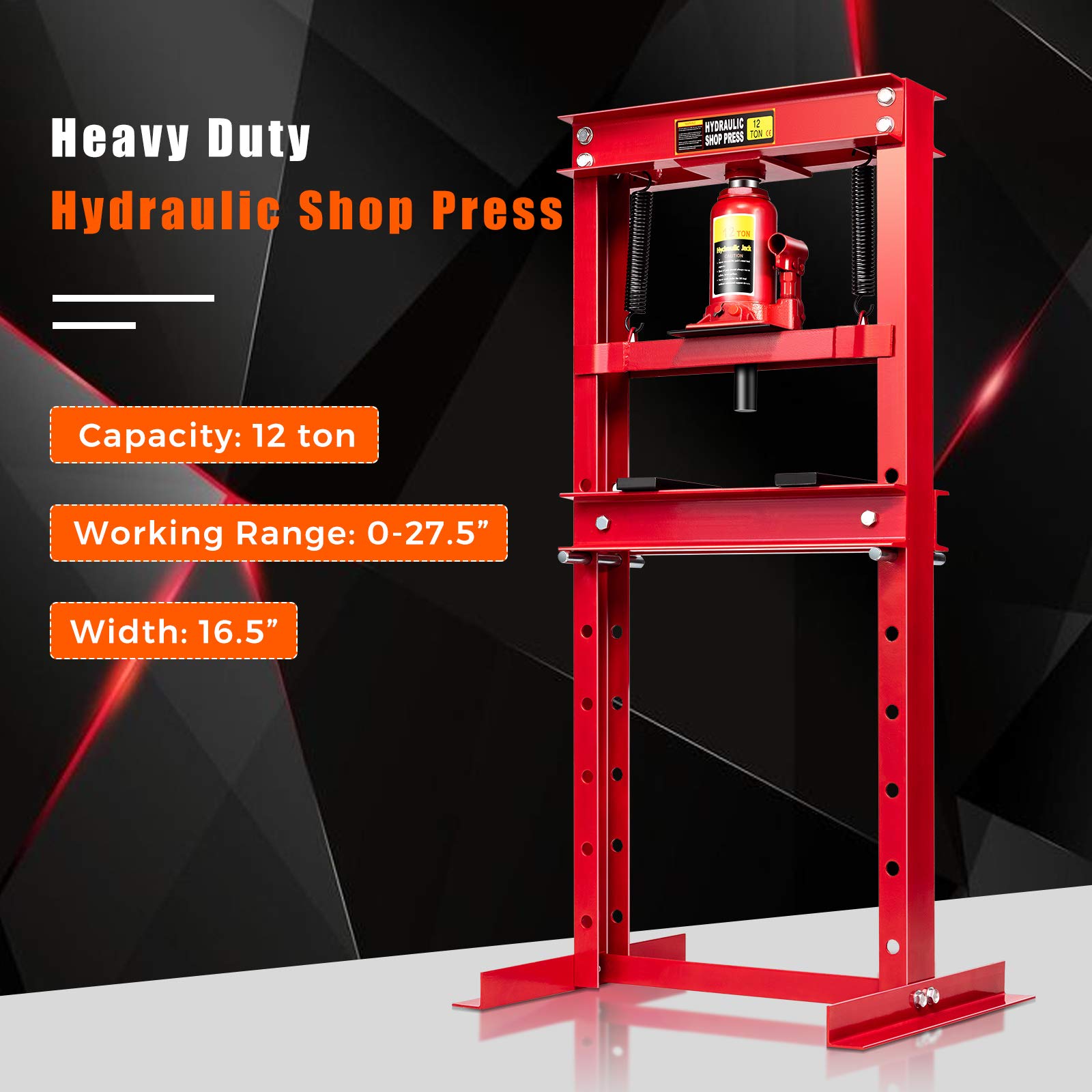 Goplus 12 Ton Hydraulic Shop Floor Press, Steel H-Frame Shop Press with Steel Plates Adjustable Working Table, Floor Stand Jack for Gears and Bearings - WoodArtSupply