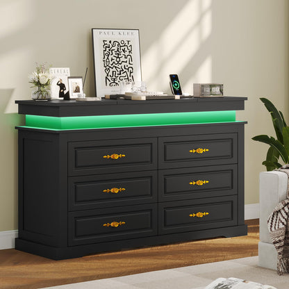 HAUOMS 6 Drawers Dresser with Mirror,LED Chest of Drawers with Flip-Top and Charging Station,Black Dresser for Bedroom,Living Room,Cloest - WoodArtSupply