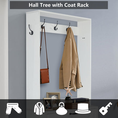 Betoko Hall Tree with Shoes Storage,Farmhouse Entryway Coat Rack Wooden Hallway Mudroom Tree Bench Corner Tree Cabinet with 5 Coat Hooks & 2 Shoes Cabinets and Open Shelf(Rustic White) Betoko