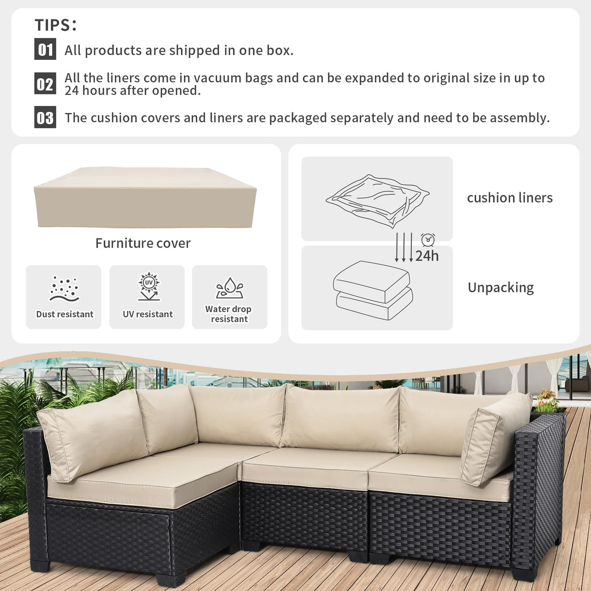 Valita Outdoor Furniture Replacement Cushions, Fits 4-seat Sectional Rattan Conversation Set, 10-Piece Patio Water-Resistant Replacement Sofa Cushions, Liner&Cover (Khaki) Valita