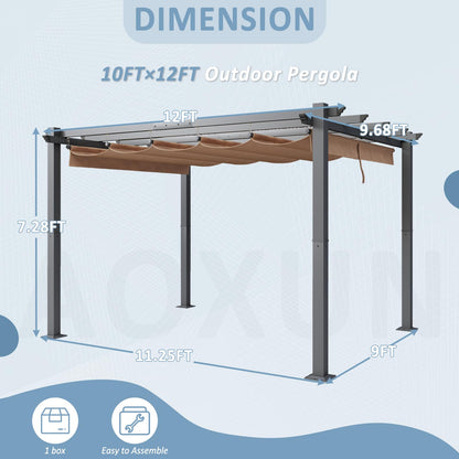 Aoxun 10'x12' Outdoor Retractable Pergola, Heavy-Duty Aluminum Pergola Patio, Modern Pergola with Retractable Sun Shade Canopy for Decks, Gardens and Backyards