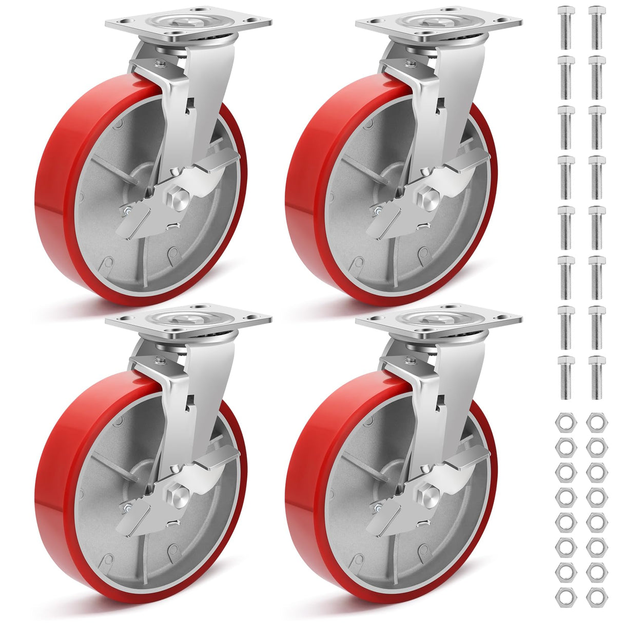 Nefish 8 Inch Heavy Duty Industrial Grade Casters Wheels, Aluminum Core PU Castor Set of 4, Durable Plate Swivel Casters with Brake 6000 LBS, Anti-Corrosion Wheels for Industrial, Equipment Nefish